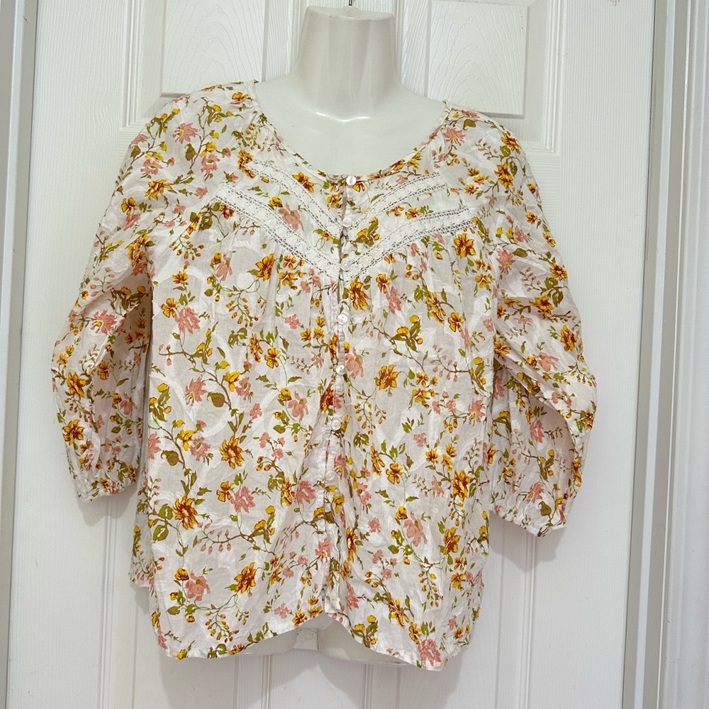 Hester & Orchard Size MediumFloral Multicolor Boho 3/4 Sleeve Women's Top Blouse